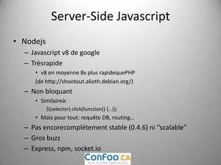 Clean PHPDu créateur de PHPUnitDes principes de base que les développeursonttendanceàoublierKISS – Keep it simple stupidbeware of optimizationsoptimiserseulementsinécessaire, après benchmarkDRY – don’t repeat yourselfprinciple of least astonishmentExemple: pas de getter qui change l’état!Separation of concernsSi on n’utilise pas de “ET” pour décrireuneclasse!Active record vs. Data Mapperthe boy scout ruleLaisser le code plus “propre” qu’avant de l’avoirmodifiéReviews (peer), Automated testing, refactoring, tell don’t ask… 