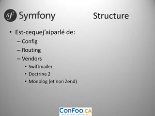 StructureEst-cequej’aiparlé de:ConfigRoutingVendorsSwiftmailerDoctrine 2Monolog (et non Zend)