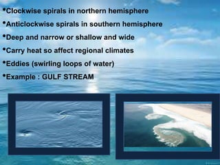 •Clockwise spirals in northern hemisphere
•Anticlockwise spirals in southern hemisphere
•Deep and narrow or shallow and wide
•Carry heat so affect regional climates
•Eddies (swirling loops of water)
•Example : GULF STREAM
 