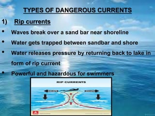 TYPES OF DANGEROUS CURRENTS
1) Rip currents
• Waves break over a sand bar near shoreline
• Water gets trapped between sandbar and shore
• Water releases pressure by returning back to lake in
form of rip current
• Powerful and hazardous for swimmers
 