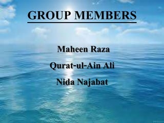 GROUP MEMBERS
Maheen Raza
Qurat-ul-Ain Ali
Nida Najabat
 
