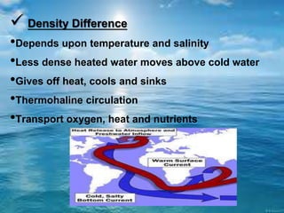  Density Difference
•Depends upon temperature and salinity
•Less dense heated water moves above cold water
•Gives off heat, cools and sinks
•Thermohaline circulation
•Transport oxygen, heat and nutrients
 