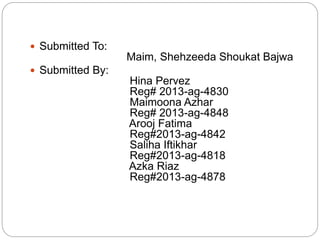  Submitted To:
Maim, Shehzeeda Shoukat Bajwa
 Submitted By:
Hina Pervez
Reg# 2013-ag-4830
Maimoona Azhar
Reg# 2013-ag-4848
Arooj Fatima
Reg#2013-ag-4842
Saliha Iftikhar
Reg#2013-ag-4818
Azka Riaz
Reg#2013-ag-4878
 