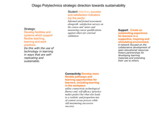 Strategic Develop facilities and systems which support flexible teaching, learning and work practices. Do this with the use of technology in learning in ways that are self-replicating and sustainable.  Student  retention ,  success and satisfaction indicators top the sector.  Informal and formal assessment alongwith  satisfaction surveys on the course and  tutors and measuring course qualifications against others for external validation. Support  Create an outstanding experience for learners in a supportive, inspiring and stimulating environment.   A network focused on the collaborative development of open educational resources fosters partnerships for developing learning materials and extending their use to others. Otago Polytechnics strategic direction towards sustainability Connectivity  Develop more flexible pathways and learning opportunities for learners, including learning in the workplace utilise connectivity technological fluency and, self-efficacy (practice makes perfect but what else leads to a realistic and proportion mix of content versus process while still maximising successive success). 