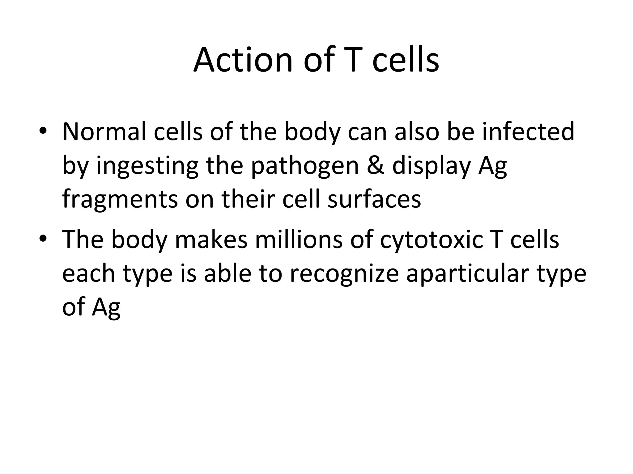 Action of T cells
• Normal cells of the body can also be infected
by ingesting the pathogen & display Ag
fragments on their cell surfaces
• The body makes millions of cytotoxic T cells
each type is able to recognize aparticular type
of Ag
 