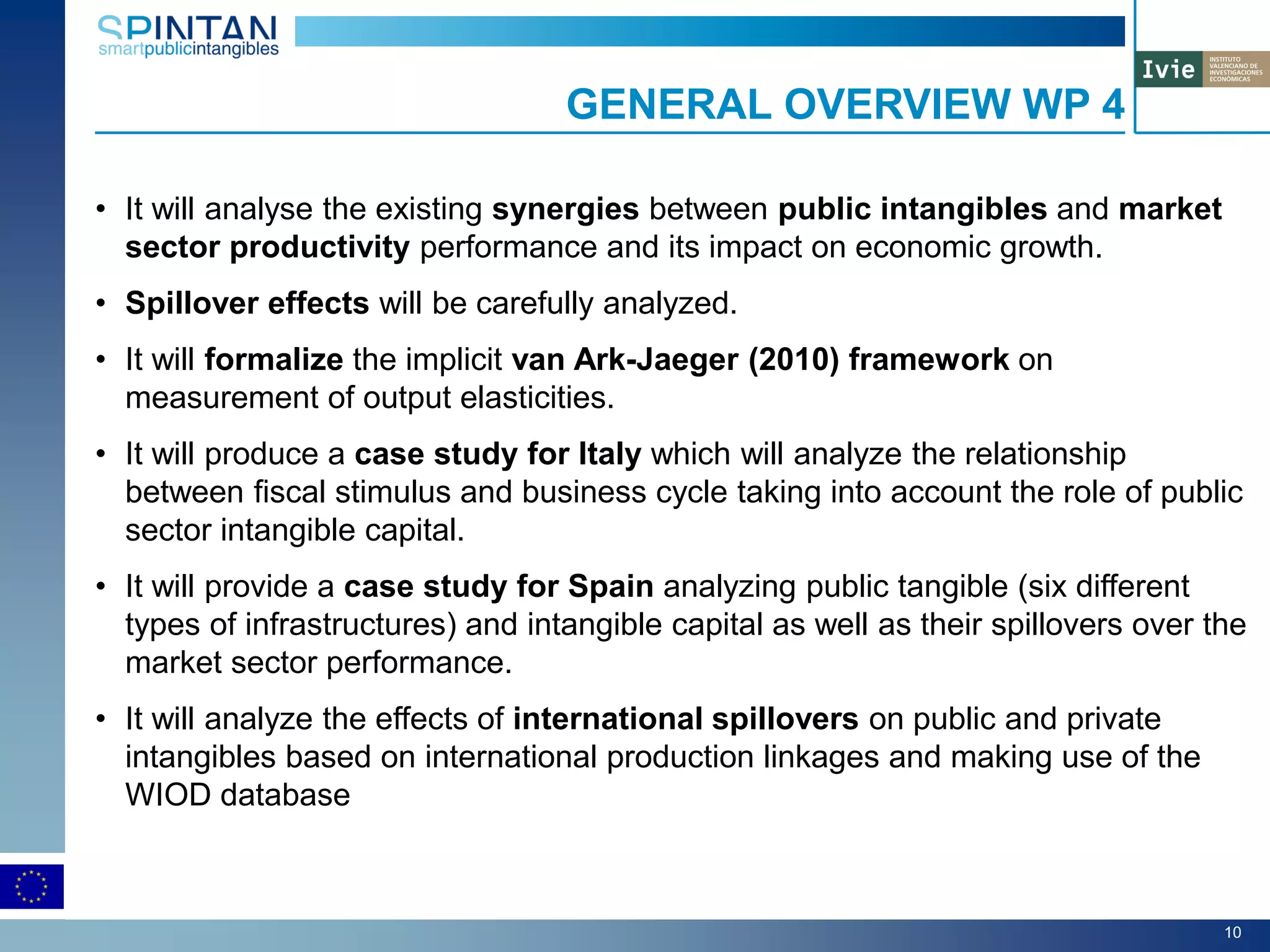 • It will analyse the existing synergies between public intangibles and market
sector productivity performance and its impact on economic growth.
• Spillover effects will be carefully analyzed.
• It will formalize the implicit van Ark-Jaeger (2010) framework on
measurement of output elasticities.
• It will produce a case study for Italy which will analyze the relationship
between fiscal stimulus and business cycle taking into account the role of public
sector intangible capital.
• It will provide a case study for Spain analyzing public tangible (six different
types of infrastructures) and intangible capital as well as their spillovers over the
market sector performance.
• It will analyze the effects of international spillovers on public and private
intangibles based on international production linkages and making use of the
WIOD database
GENERAL OVERVIEW WP 4
10
 