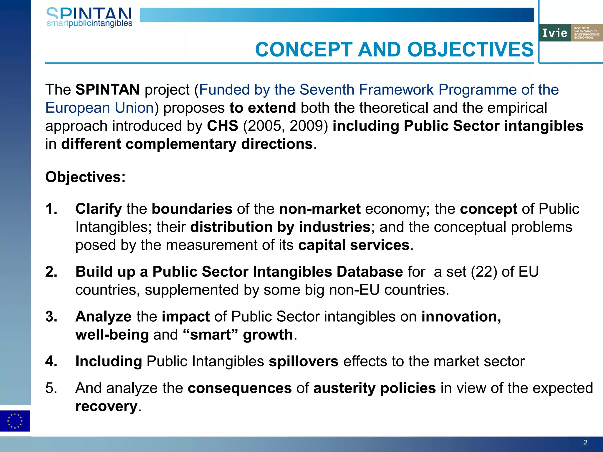 The SPINTAN project (Funded by the Seventh Framework Programme of the
European Union) proposes to extend both the theoretical and the empirical
approach introduced by CHS (2005, 2009) including Public Sector intangibles
in different complementary directions.
Objectives:
1. Clarify the boundaries of the non-market economy; the concept of Public
Intangibles; their distribution by industries; and the conceptual problems
posed by the measurement of its capital services.
2. Build up a Public Sector Intangibles Database for a set (22) of EU
countries, supplemented by some big non-EU countries.
3. Analyze the impact of Public Sector intangibles on innovation,
well-being and “smart” growth.
4. Including Public Intangibles spillovers effects to the market sector
5. And analyze the consequences of austerity policies in view of the expected
recovery.
CONCEPT AND OBJECTIVES
2
 