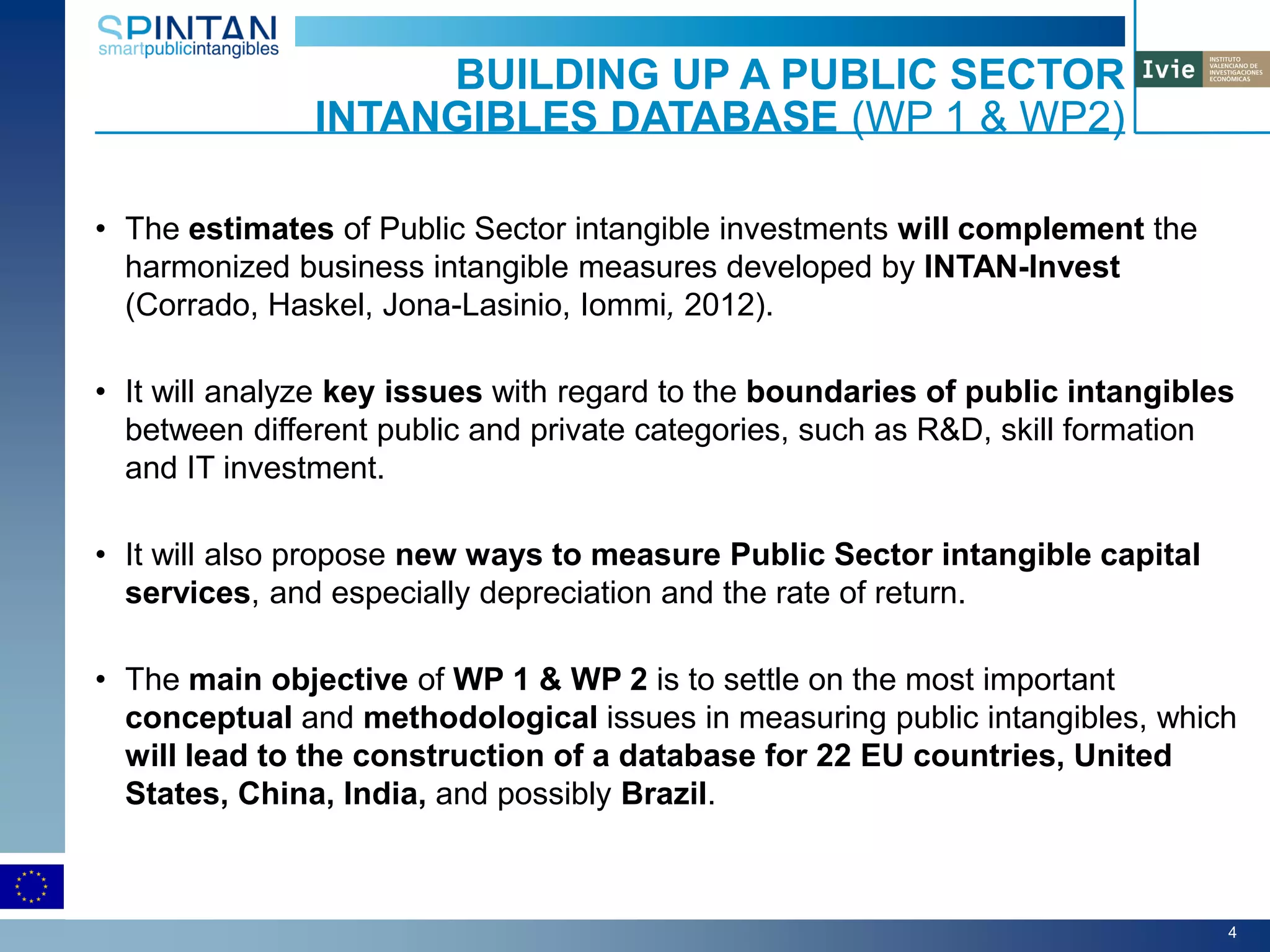 • The estimates of Public Sector intangible investments will complement the
harmonized business intangible measures developed by INTAN-Invest
(Corrado, Haskel, Jona-Lasinio, Iommi, 2012).
• It will analyze key issues with regard to the boundaries of public intangibles
between different public and private categories, such as R&D, skill formation
and IT investment.
• It will also propose new ways to measure Public Sector intangible capital
services, and especially depreciation and the rate of return.
• The main objective of WP 1 & WP 2 is to settle on the most important
conceptual and methodological issues in measuring public intangibles, which
will lead to the construction of a database for 22 EU countries, United
States, China, India, and possibly Brazil.
BUILDING UP A PUBLIC SECTOR
INTANGIBLES DATABASE (WP 1 & WP2)
4
 