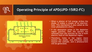 Operating Principle of APD(UPD-15IR2-FC)
• When a photon of full energy strikes the
diode, it makes a couple of an electron-
hole. This mechanism is also called as the
inner photoelectric effect.
• If the absorption arises in the depletion
region junction, then the carriers are
removed from the junction by the in built
electric field of the depletion region.
• Therefore, holes in the region move
toward the anode, and electrons move
toward the cathode, and a photocurrent
will be generated.
 
