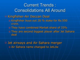 Current Trends : Consolidations All Around Kingfisher-Air Deccan Deal Kingfisher buys out 26 % stake for Rs.550 crore. They have combined Market share of 33% They are second biggest player after Jet Sahara deal Jet airways and Air Sahara merger Air Sahara name changed to JetLite 