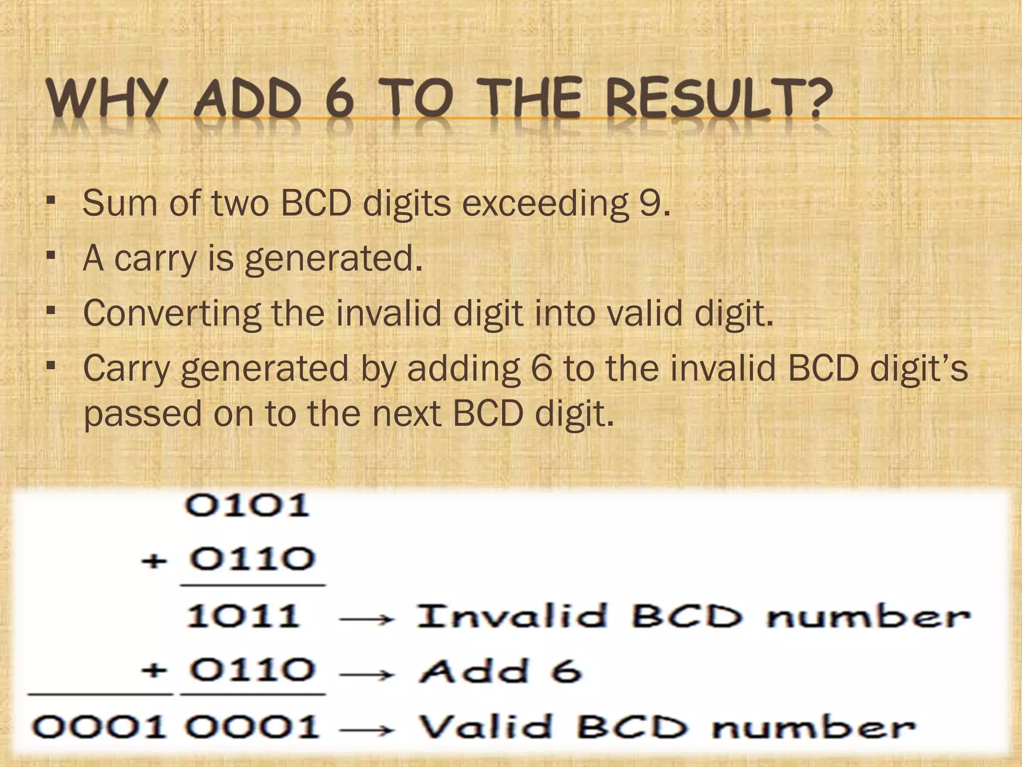  Sum of two BCD digits exceeding 9.
 A carry is generated.
 Converting the invalid digit into valid digit.
 Carry generated by adding 6 to the invalid BCD digit’s
passed on to the next BCD digit.
 