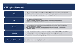 CSR - global scenario
• CSR team in Bureau of Economic and Business Affairs (EB) leads businesses in promotion of ethical
business
• EB serves as source of guidance for companies for developing CSR policies
USA
• CSR is a part of corporate governance
• Directors to consider community and environmental issues while conducting business
• Disclosures to be made in business review
UK
• CSR strategy built upon principles of United Global Compact i.e. voluntary initiative to implement
universal sustainability principles
• ISO 26000 Guidance Standard on Social Responsibility and OECD Guidelines for multinational
enterprises adopted
Europe
• Danish Financial Statement Act mandates companies of certain size to disclose CSR practices in Annual
Report
• Reporting on three topics required- CSR policies, plan of action and CSR achievements
• Companies to account for human rights policy and climate impact
Denmark
• Similar mandatory reporting obligation as Denmark
France, South Africa & China
 