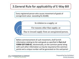 3.General Rule for applicability of E-Way Bill
In relation to a supply; or
For reasons other than supply; or
Due to inward supply from an unregistered person,
Every registered person who causes movement of goods of
consignment value exceeding Rs.50,000;
Before commencement of such movement, shall furnish
information relating to the said goods as specified in Part A of
FORM GST EWB-01, electronically, on the common portal along
with such other information as may be required at the common
portal and a unique number will be generated on the said portal:
Prepared by Siva Sai,Vedasri
Article Assistants
 