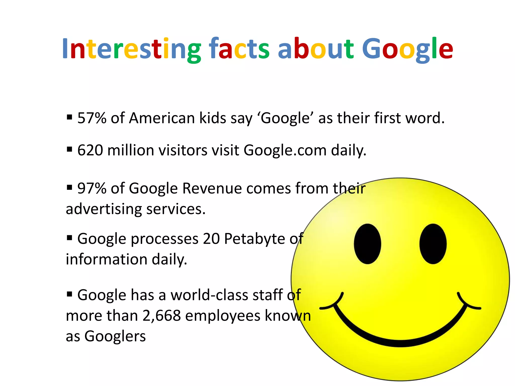 Interesting facts about Google

 57% of American kids say ‘Google’ as their first word.
 620 million visitors visit Google.com daily.

 97% of Google Revenue comes from their
advertising services.
 Google processes 20 Petabyte of
information daily.

 Google has a world-class staff of
more than 2,668 employees known
as Googlers
 