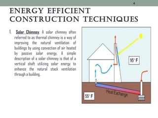 enerGy efficient
construction techniques
1. Solar Chimney: A solar chimney often
referred to as thermal chimney is a way of
improving the natural ventilation of
buildings by using convection of air heated
by passive solar energy. A simple
description of a solar chimney is that of a
vertical shaft utilizing solar energy to
enhance the natural stack ventilation
through a building.
4
 