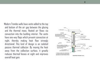 Modern Trombe walls have vents added to the top
and bottom of the air gap between the glazing
and the thermal mass. Heated air flows via
convection into the building interior. The vents
have one-way flaps which prevent convection at
night, thereby making heat flow strongly
directional. This kind of design is an isolated
passive thermal collector. By moving the heat
away from the collection surface, it greatly
reduces thermal losses at night and improves
overall heat gain.
8
 