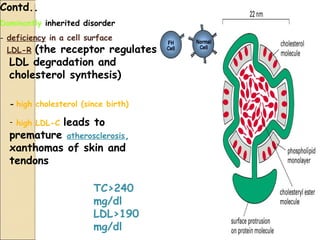 Contd..
Dominantly inherited disorder
- deficiency in a cell surface
 LDL-R (the receptor regulates
  LDL degradation and
  cholesterol synthesis)

  - high cholesterol (since birth)

  - high LDL-C   leads to
  premature atherosclerosis,
  xanthomas of skin and
  tendons

                        TC>240
                        mg/dl
                        LDL>190
                        mg/dl
 