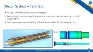 25
©ZeusNumerixPvtLtd:ConfidentialDocument
Recoil System – Tank Gun
20 May 2019 Capabilities on Land Systems @ Zeus Numerix
 Analysis of hydro-spring type recoil system
 System level code developed to estimate piston rod dynamics during recoil &
recuperation
 Fluid pressures evaluated using CFD & transient FEM for piston rod stress
25
 