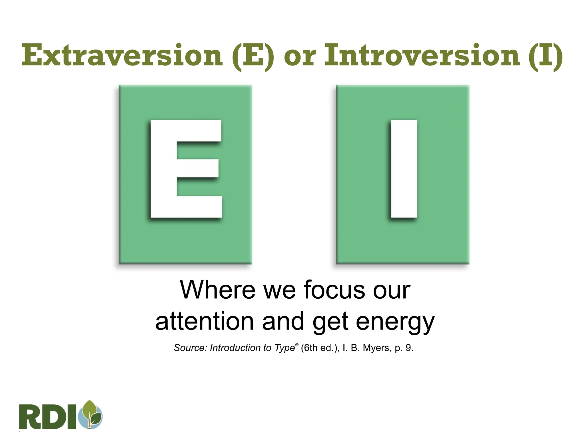 Extraversion (E) or Introversion (I)
Where we focus our
attention and get energy
Source: Introduction to Type®
(6th ed.), I. B. Myers, p. 9.
 