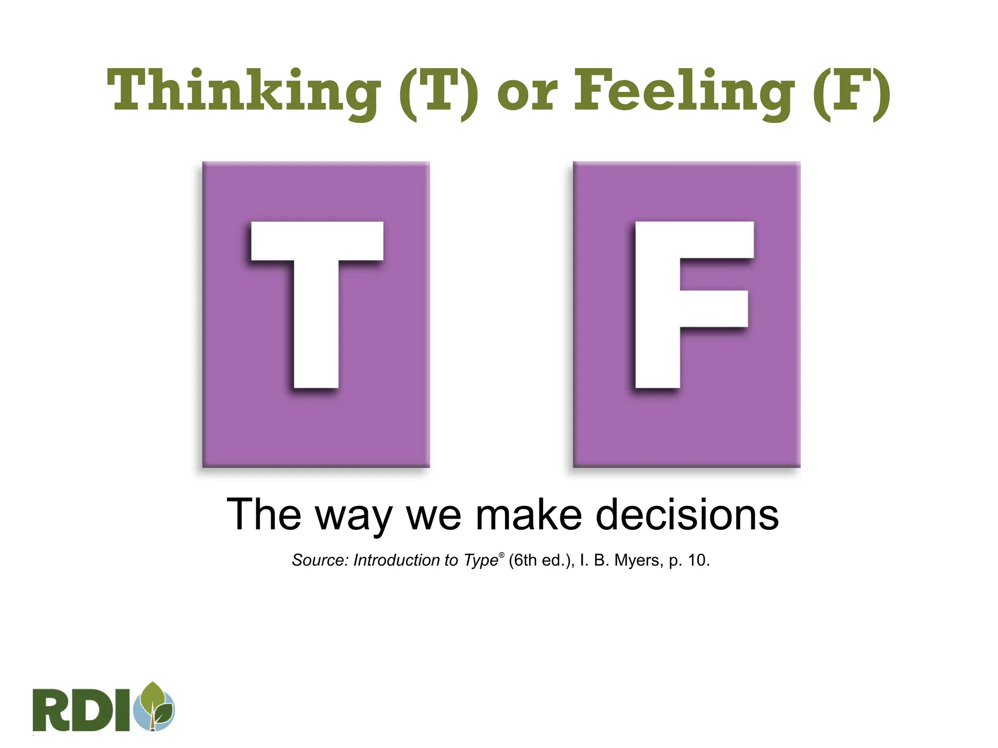 Thinking (T) or Feeling (F)
The way we make decisions
Source: Introduction to Type®
(6th ed.), I. B. Myers, p. 10.
 