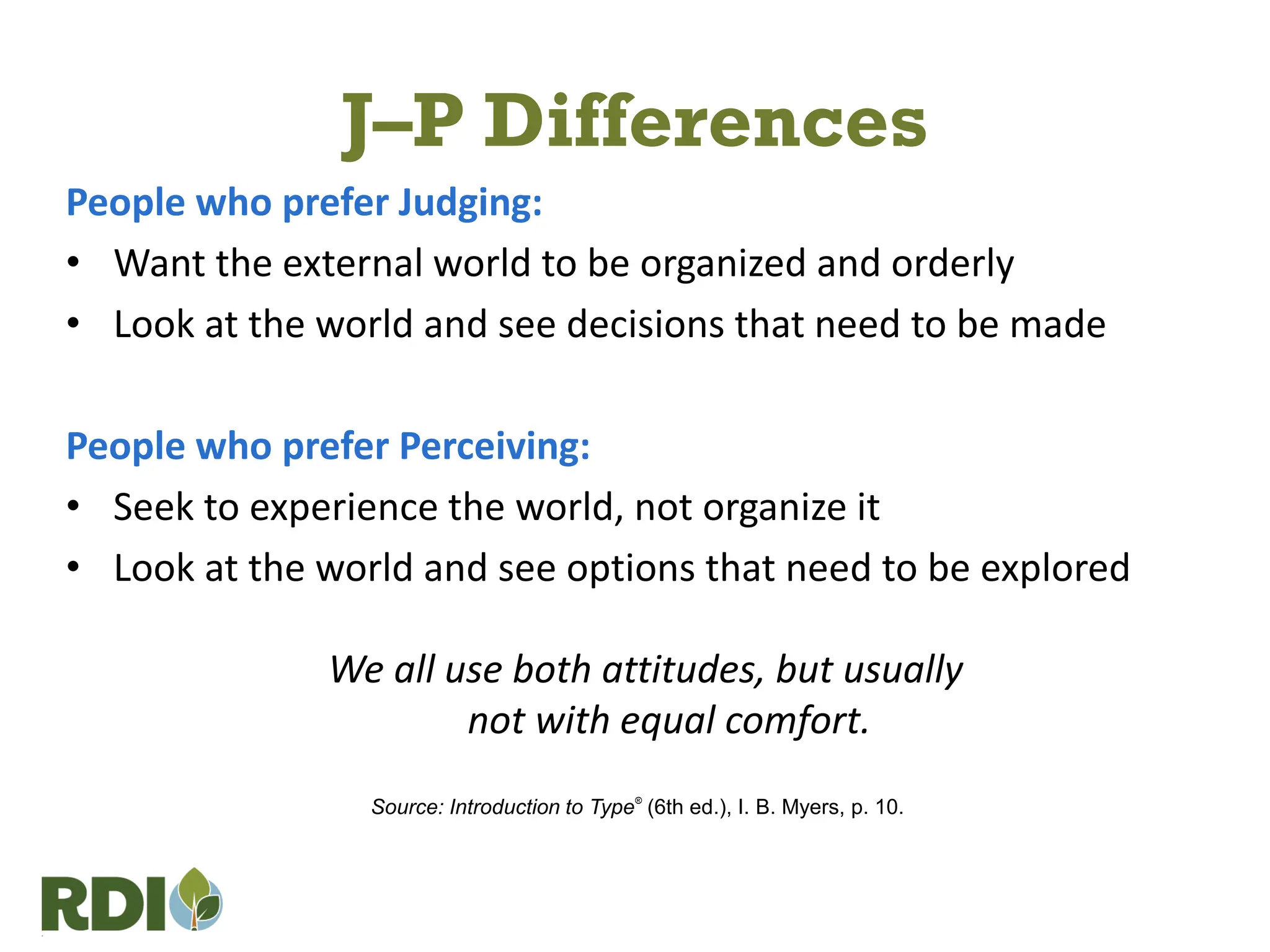J–P Differences
People who prefer Judging:
• Want the external world to be organized and orderly
• Look at the world and see decisions that need to be made
People who prefer Perceiving:
• Seek to experience the world, not organize it
• Look at the world and see options that need to be explored
We all use both attitudes, but usually
not with equal comfort.
Source: Introduction to Type®
(6th ed.), I. B. Myers, p. 10.
 