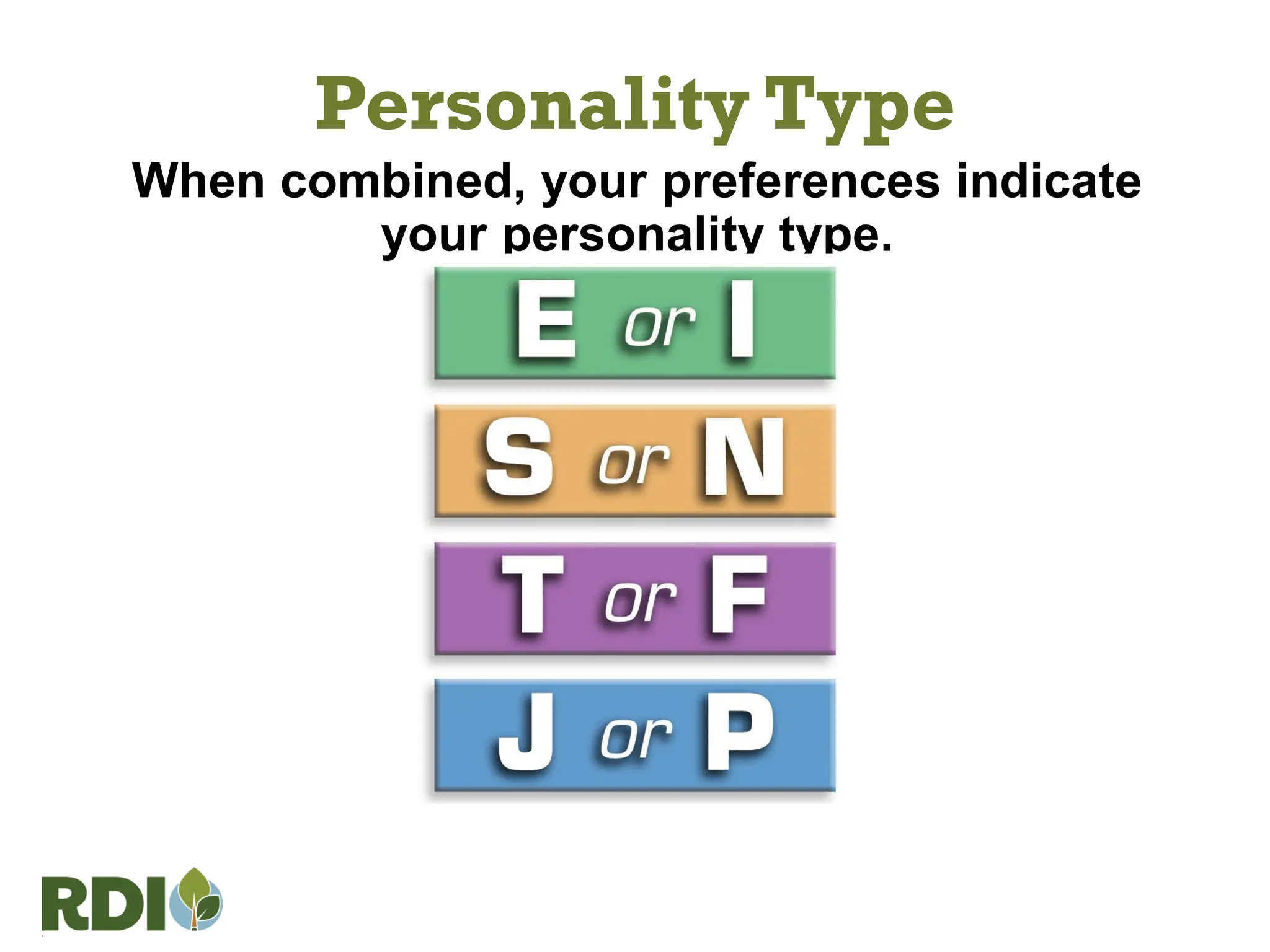 Personality Type
When combined, your preferences indicate
your personality type.
 