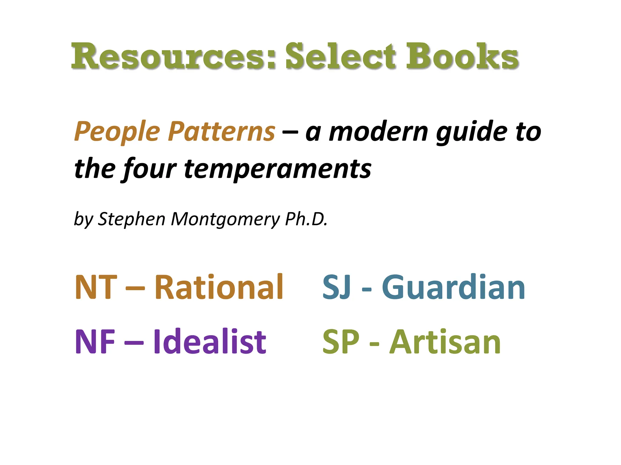 Resources: Select Books
People Patterns – a modern guide to
the four temperaments
by Stephen Montgomery Ph.D.
NT – Rational SJ - Guardian
NF – Idealist SP - Artisan
 