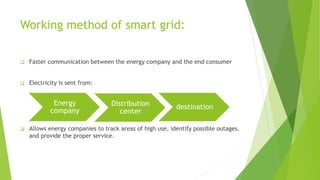 Working method of smart grid:
 Faster communication between the energy company and the end consumer
 Electricity is sent from:
 Allows energy companies to track areas of high use, identify possible outages,
and provide the proper service.
Energy
company
Distribution
center
destination
 