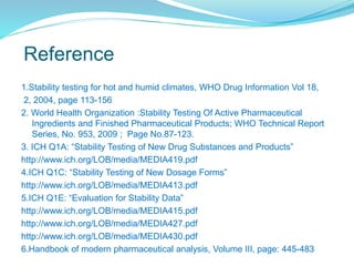 Reference
1.Stability testing for hot and humid climates, WHO Drug Information Vol 18,
2, 2004, page 113-156
2. World Health Organization :Stability Testing Of Active Pharmaceutical
Ingredients and Finished Pharmaceutical Products; WHO Technical Report
Series, No. 953, 2009 ; Page No.87-123.
3. ICH Q1A: “Stability Testing of New Drug Substances and Products”
http://www.ich.org/LOB/media/MEDIA419.pdf
4.ICH Q1C: “Stability Testing of New Dosage Forms”
http://www.ich.org/LOB/media/MEDIA413.pdf
5.ICH Q1E: “Evaluation for Stability Data”
http://www.ich.org/LOB/media/MEDIA415.pdf
http://www.ich.org/LOB/media/MEDIA427.pdf
http://www.ich.org/LOB/media/MEDIA430.pdf
6.Handbook of modern pharmaceutical analysis, Volume III, page: 445-483
 