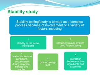 Stability study
Stability testing/study is termed as a complex
process because of involvement of a variety of
factors including
1
stability of the active
ingredients
3
heat and moisture
conditions
encountered
during shipment,
storage and
handling.
4
type of dosage
form
5
interaction
between active
ingredients and
excipients
2
container/closure system
used for packaging
 
