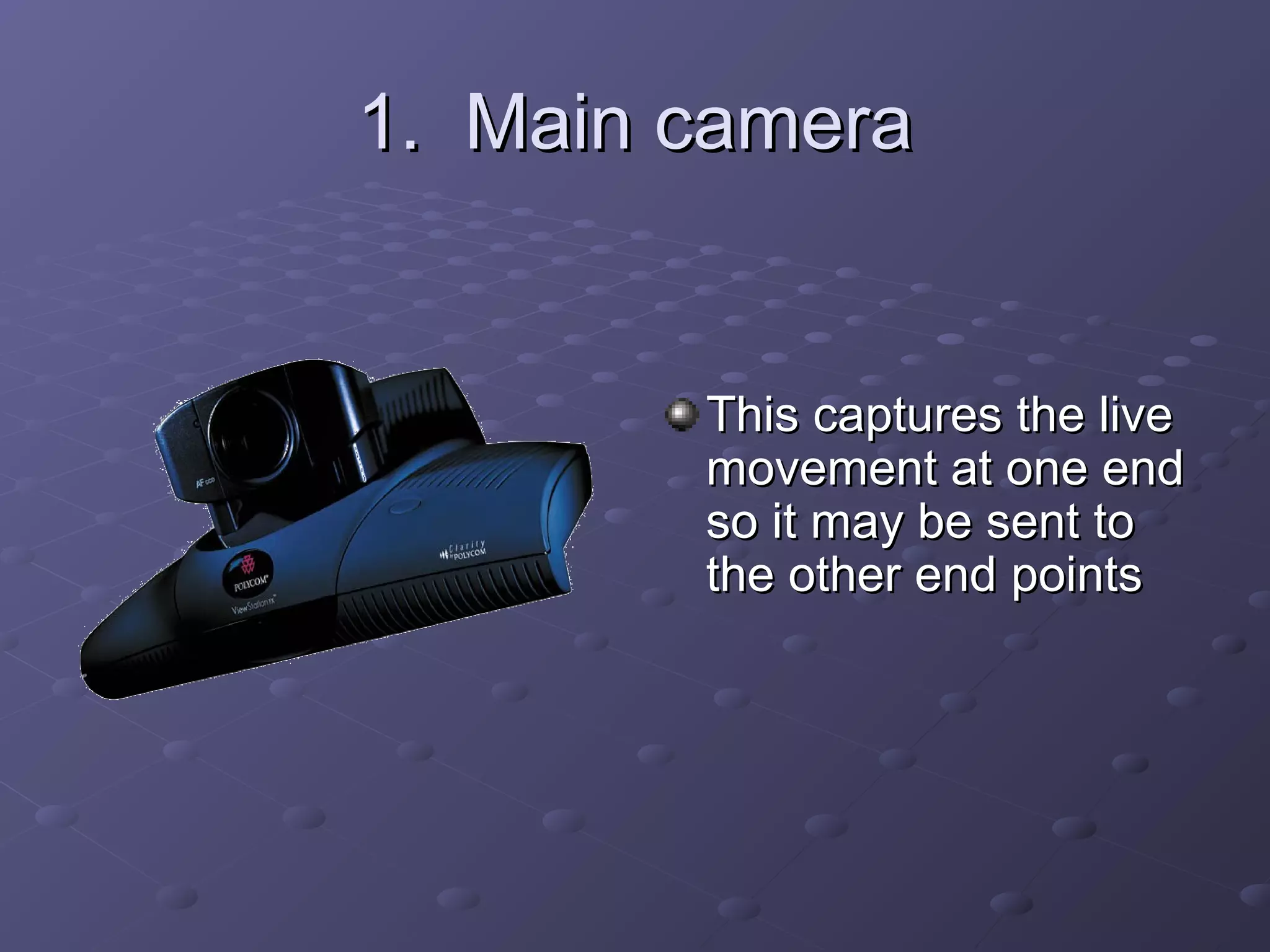 1. Main camera1. Main camera
This captures the liveThis captures the live
movement at one endmovement at one end
so it may be sent toso it may be sent to
the other end pointsthe other end points
 