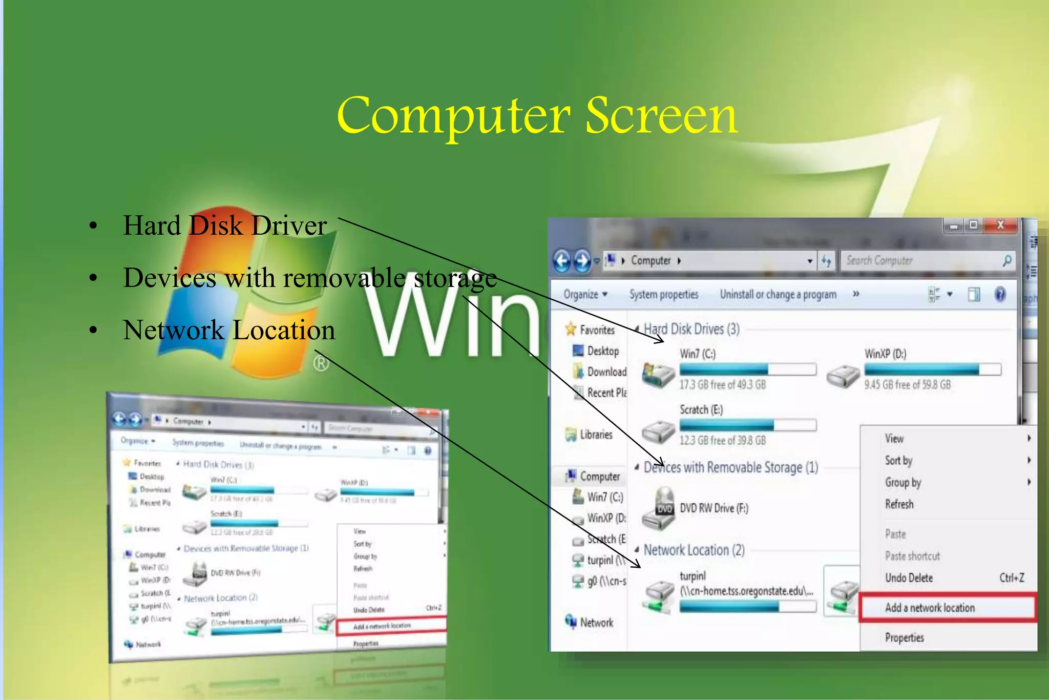 Computer Screen
• Hard Disk Driver
• Devices with removable storage
• Network Location
 
