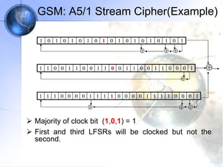 GSM: A5/1 Stream Cipher(Example)
 Majority of clock bit (1,0,1) = 1
 First and third LFSRs will be clocked but not the
second.
1 1 0 0 1 1 0 0 1 1 0 0 1 1 0 0 1 1 0 0 0 1
1 1 1 0 0 0 0 1 1 1 1 0 0 0 0 1 1 1 1 0 0 0 1




1 0 1 0 1 0 1 0 1 0 1 0 1 0 1 0 1 0 1
 

 