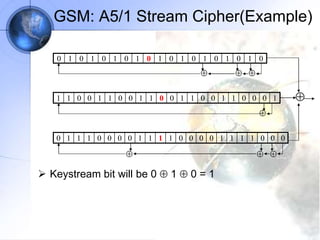 GSM: A5/1 Stream Cipher(Example)
1 1 0 0 1 1 0 0 1 1 0 0 1 1 0 0 1 1 0 0 0 1
0 1 1 1 0 0 0 0 1 1 1 1 0 0 0 0 1 1 1 1 0 0 0




0 1 0 1 0 1 0 1 0 1 0 1 0 1 0 1 0 1 0
 

 Keystream bit will be 0  1  0 = 1
 