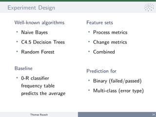 Thomas Rausch 34
Experiment Design
Well-known algorithms
●
Naive Bayes
●
C4.5 Decision Trees
●
Random Forest
Feature sets
...