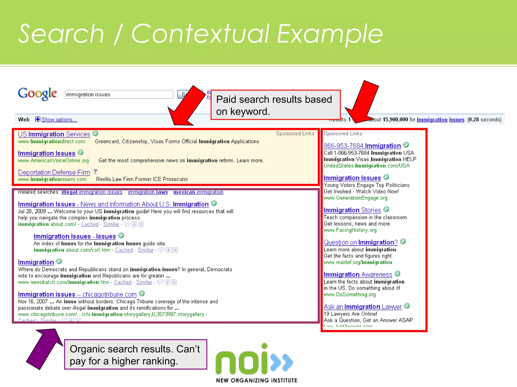Search / Contextual Example

                                   Paid search results based
                                   on keyword.




   Organic search results. Can’t
   pay for a higher ranking.
 