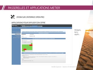 PASSERELLES ET APPLICATIONS METIER
Vendée Expansion – Solution de réservation en ligne Open System
ZOOM SUR L’INTERFACE OPEN PROZOOM SUR L’INTERFACE OPEN PRO
APPLICATIONS POUR DIFFUSER SON OFFRE
Widgets,
liens,
applis…
 