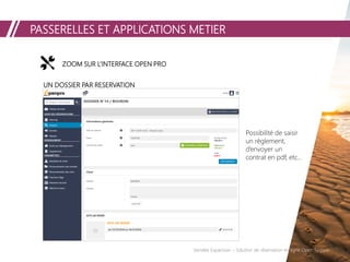 PASSERELLES ET APPLICATIONS METIER
Vendée Expansion – Solution de réservation en ligne Open System
ZOOM SUR L’INTERFACE OPEN PRO
UN DOSSIER PAR RESERVATION
Possibilité de saisir
un règlement,
d’envoyer un
contrat en pdf, etc…
 