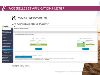 PASSERELLES ET APPLICATIONS METIER
Vendée Expansion – Solution de réservation en ligne Open System
ZOOM SUR L’INTERFACE OPEN PROZOOM SUR L’INTERFACE OPEN PRO
APPLICATIONS POUR DIFFUSER SON OFFRE
Widgets, liens, applis…
 