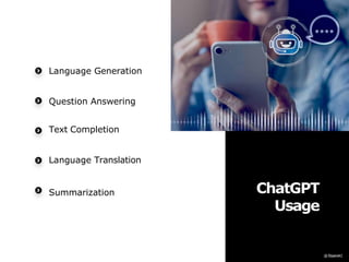 ChatGPT
Usage
Language Generation
Question Answering
Text Completion
Language Translation
Summarization
 