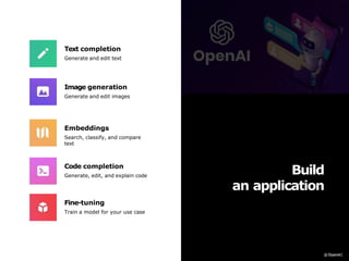 Build
an application
Text completion
Generate and edit text
Image generation
Generate and edit images
Fine-tuning
Train a model for your use case
Code completion
Generate, edit, and explain code
Embeddings
Search, classify, and compare
text
 