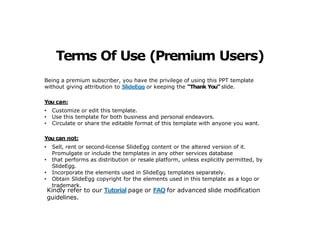 Terms Of Use (Premium Users)
Being a premium subscriber, you have the privilege of using this PPT template
without giving attribution to SlideEgg or keeping the “Thank You” slide.
You can:
• Customize or edit this template.
• Use this template for both business and personal endeavors.
• Circulate or share the editable format of this template with anyone you want.
trademark.
You can not:
• Sell, rent or second-license SlideEgg content or the altered version of it.
Promulgate or include the templates in any other services database
• that performs as distribution or resale platform, unless explicitly permitted, by
SlideEgg.
• Incorporate the elements used in SlideEgg templates separately.
• Obtain SlideEgg copyright for the elements used in this template as a logo or
Kindly refer to our Tutorial page or FAQ for advanced slide modification
guidelines.
 