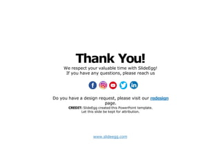 www.slideegg.com
Thank You!
We respect your valuable time with SlideEgg!
If you have any questions, please reach us
Do you have a design request, please visit our redesign
page.
CREDIT: SlideEgg created this PowerPoint template.
Let this slide be kept for attribution.
 