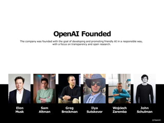 OpenAI Founded
The company was founded with the goal of developing and promoting friendly AI in a responsible way,
with a focus on transparency and open research.
Elon
Musk
Sam
Altman
John
Schulman
Ilya
Sutskever
Greg
Brockman
Wojciech
Zaremba
 