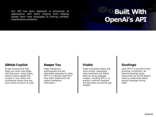 Built With
OpenAi’s API
Our API has been deployed in thousands of
applications with tasks ranging from helping
people learn new languages to solving complex
classification problems.
GitHub Copilot
AI pair programmer that
helps you write code faster
with less work. Using Codex,
GitHub Copilot applies the
context in your editor and
synthesizes whole lines and
even entire functions of code.
Duolingo
Uses GPT-3 to provide French
grammar corrections. An
internal Duolingo study
shows that use of this feature
leads to measurably better
second language writing
skills!
Viable
Helps businesses better and
more quickly understand
what customers are telling
them by using language
models, including GPT-3, to
analyze customer feedback
and generate summaries and
insights.
Keeper Tax
Helps freelancers
automatically find tax-
deductible expenses by using
GPT-3 to interpret data from
their bank statements into
usable transaction
information.
 
