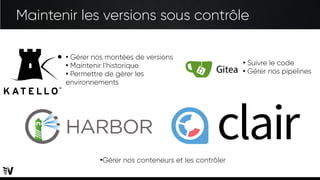 Maintenir les versions sous contrôle
●
Gérer nos montées de versions
●
Maintenir l’historique
●
Permettre de gérer les
environnements
●
Suivre le code
●
Gérer nos pipelines
●
Gérer nos conteneurs et les contrôler
 