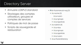 Directory Server
●
Annuaire LDAPv3 standard
●
Stockages des comptes
utilisateurs, groupes et
comptes de services
●
Politiques de mot de passe
●
Scripts de sauvegarde et
restauration
 