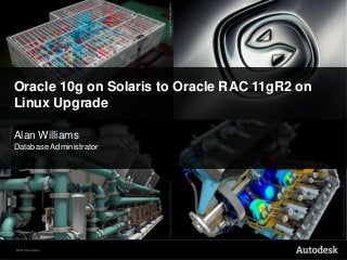 © 2010 Autodesk
Oracle 10g on Solaris to Oracle RAC 11gR2 on
Linux Upgrade
Alan Williams
Database Administrator
ImagecourtesyofADEPTAirmotive(Pty)Ltd.
CourtesyofKlingStubbinsImagecourtesyofMammoth-WEBCO,Inc.
 