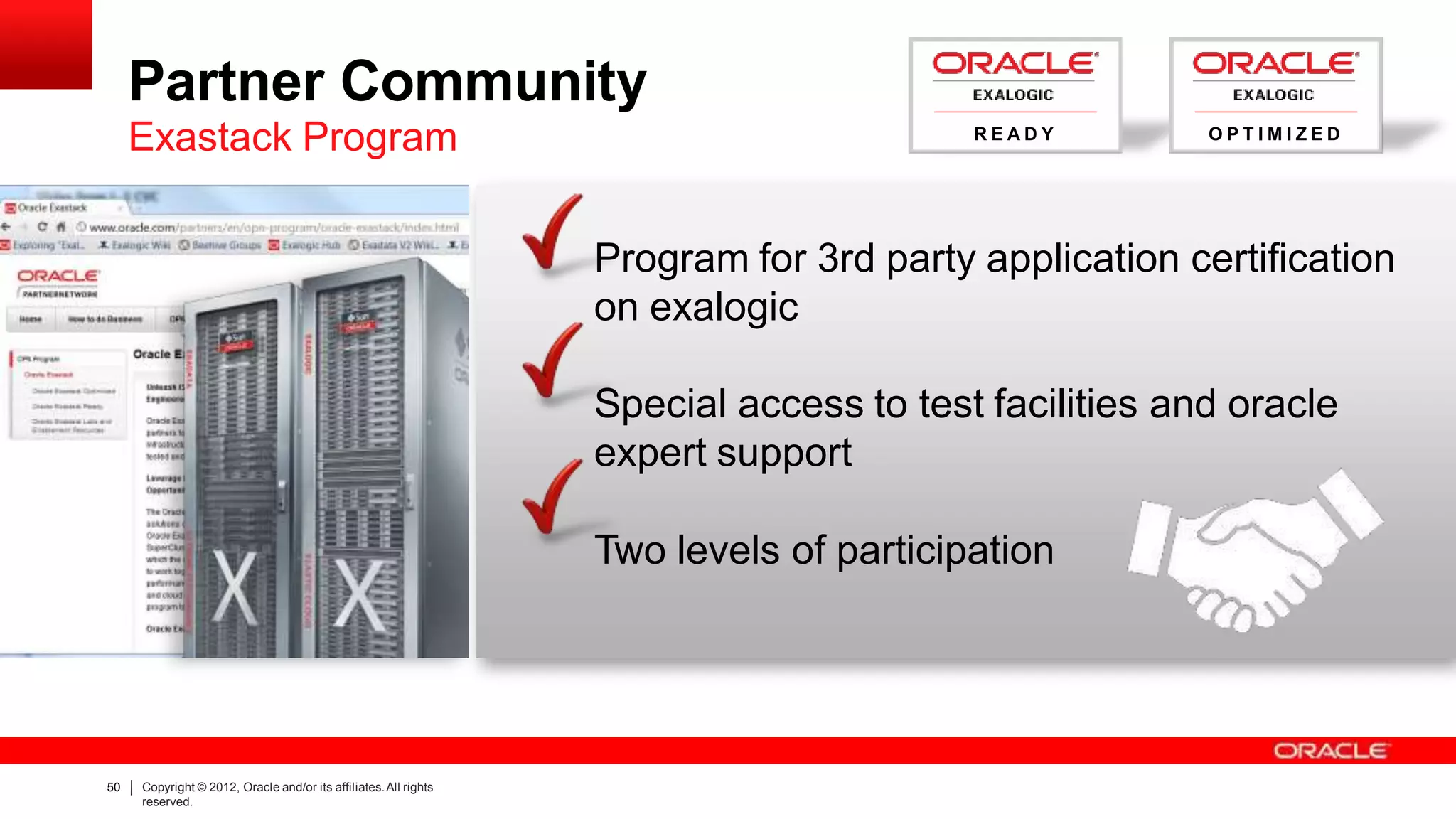 Program for 3rd party application certification
on exalogic
Special access to test facilities and oracle
expert support
Two levels of participation
Partner Community
Exastack Program R E A D Y O P T I M I Z E D
50 Copyright © 2012, Oracle and/or its affiliates.All rights
reserved.
 