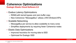Coherence Optimizations
Exalogic Elastic Cloud Software 2.0
35 Copyright © 2012, Oracle and/or its affiliates.All rights
reserved.
• Exabus Latency Optimizations
– RDMA with kernel bypass and zero buffer copy
– New Coherence “MessageBus” utilizes JVM Infiniband APIs
• Scalable Networking
– MessageBus per service to allow scalability to many cores
– Simplifies deployments by requiring fewer Coherence nodes
• Elastic Data Optimizations
– Improved heuristics for moving data to SSD
– Optimized for Exalogic SSD
 